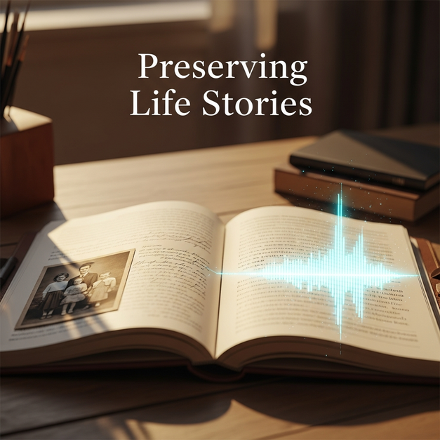 Antique journal with 'Preserving Life Stories' text, showing the transition from handwritten family history to a digital waveform.