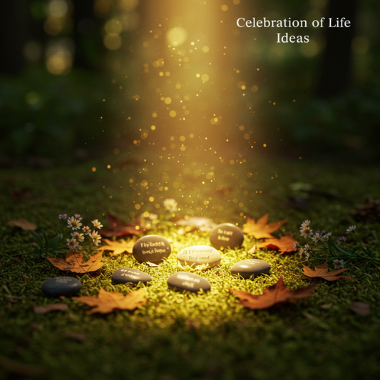 Warm light on personalized natural elements (stones, leaves, wildflowers) on mossy ground, with 'Celebration of Life Ideas' text.