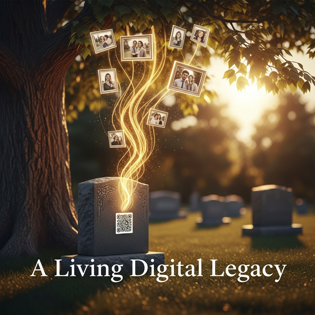 Headstone in a cemetery with a QR code unlocking a living digital legacy of photo memories in a tree.
