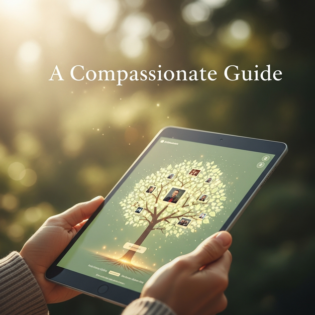 Gentle hands hold a tablet displaying an online memorial as a glowing tree of life, a compassionate guide to healing.