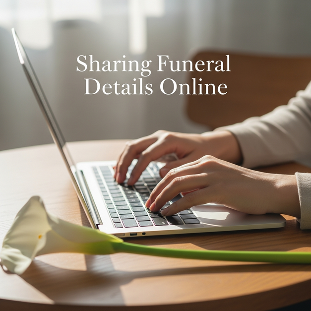 Hands poised over a laptop keyboard to share funeral details online, with a white calla lily nearby.