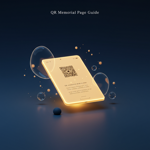 Elegant digital art of a glowing ethereal page with a QR code watermark and 'QR Memorial Page Guide' text, symbolizing a respectful memorial.