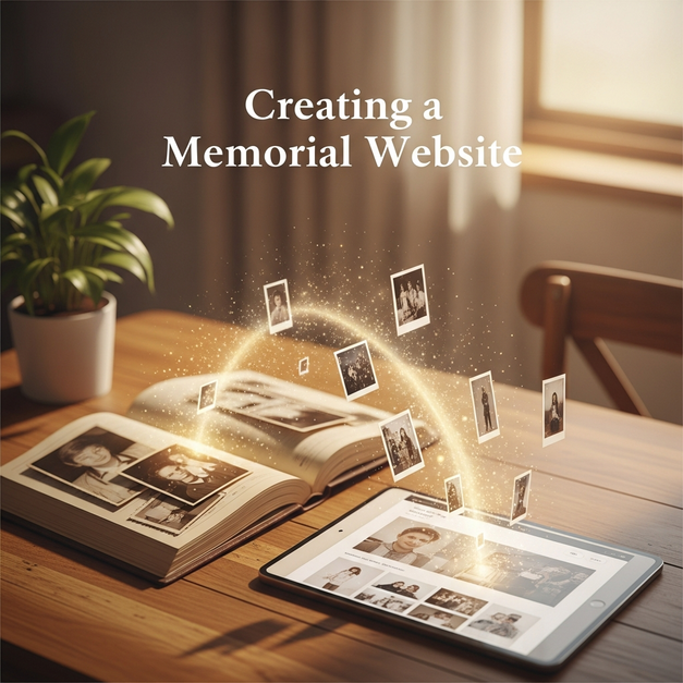 A scrapbook of old photos being transformed into a beautiful memorial website on a tablet screen.