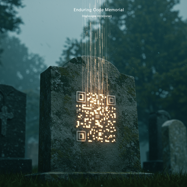 Weathered headstone with a glowing QR code integrated, symbolizing a permanent digital memorial that endures.