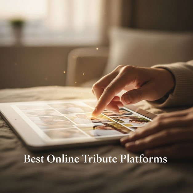 Hand touching a tablet showing a loving photo collage, illustrating a guide to the best online tribute platforms.