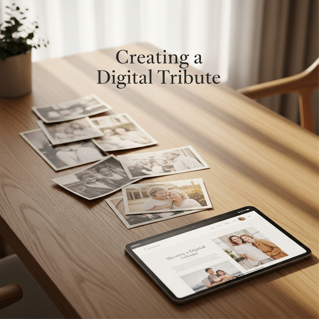 Vintage photos on a wood table leading to a tablet displaying a beautiful memorial page, a digital tribute.