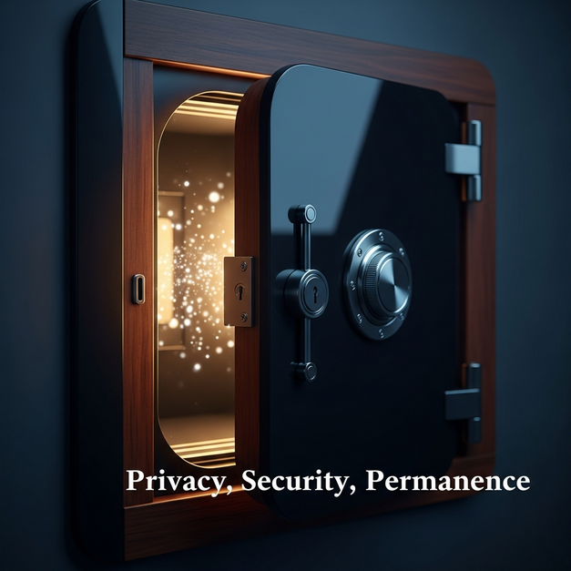 A secure digital vault for a memorial website, its door ajar revealing a warm glow, symbolizing privacy, security, and permanence.
