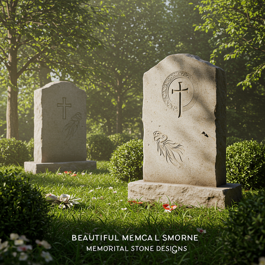 Multiple distinct, beautifully sculpted memorial stone designs in a serene garden, inspiring headstone ideas.