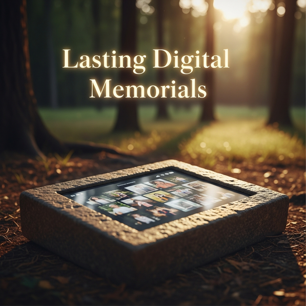 Stone memorial tablet with a digital photo display, a modern QR code memorial alternative in a peaceful forest.