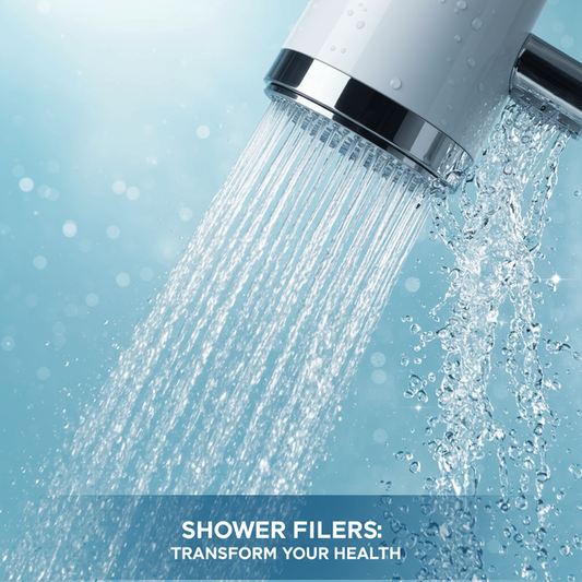 Modern shower filter purifying cloudy water into crystal clear, symbolizing improved hair, skin, and health.