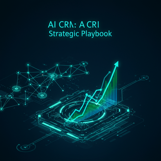 Glowing AI nodes and data lines guiding customer journeys on a strategic platform towards growth, with 'AI CRM: Strategic Playbook' text.