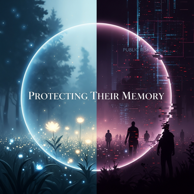 Symbolic choice between a safe, private virtual memorial and a risky, public one for protecting a loved one's memory.