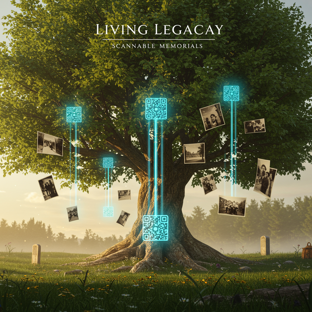Majestic tree with QR codes and sepia photo snippets, embodying a "Living Legacy: Scannable Memorials."