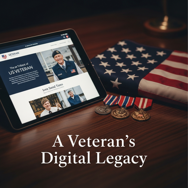 A tablet showing a digital tribute page for honoring a U.S. veteran online, next to military medals and a folded American flag.