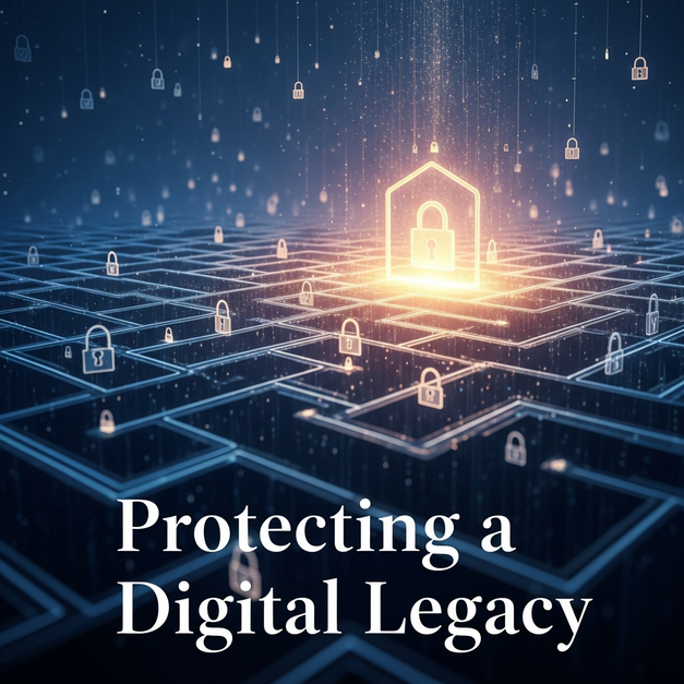 Digital maze with lock icons representing posthumous data privacy, leading to a secure, lasting memory.