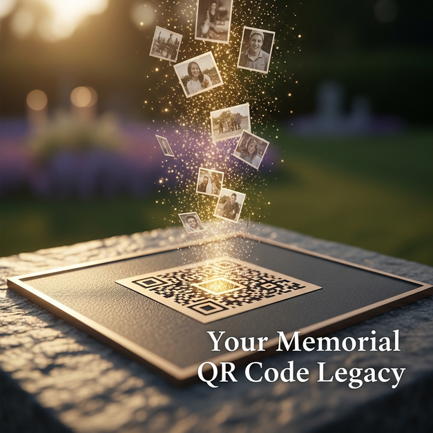 A bronze memorial plaque with a glowing QR code releasing a stream of cherished photo memories into the air.