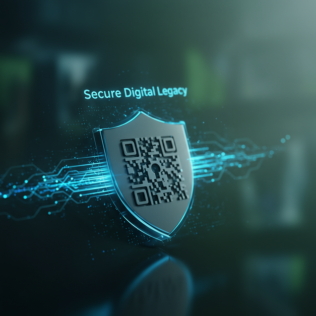 A secure QR code within a digital shield, glowing with "Secure Digital Legacy" text, symbolizing memorial privacy and digital access.