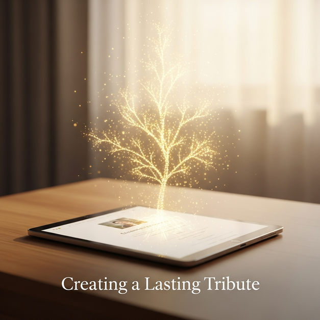 A tablet showing a memorial website builder with a golden tree of light growing from the screen, creating a lasting tribute.