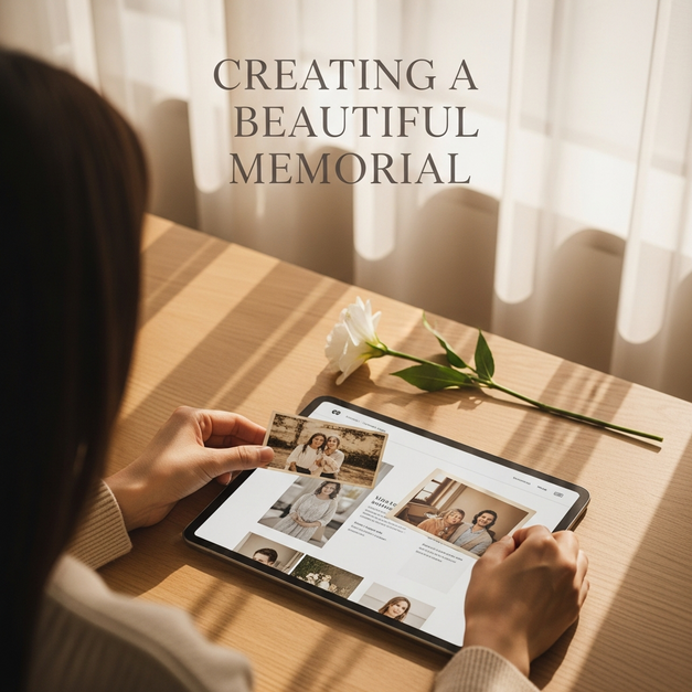 Hands create a compassionate memorial page online on a tablet, arranging vintage photos in soft morning light.