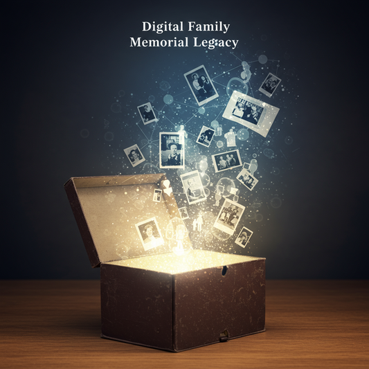 Shoebox emitting glowing digital family memories forming an abstract shared legacy network, text 'Digital Family Memorial Legacy'.