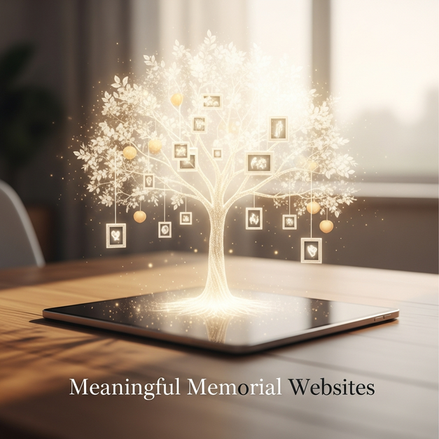 A meaningful memorial website visualized as a glowing tree of life with photos, growing from a tablet screen.