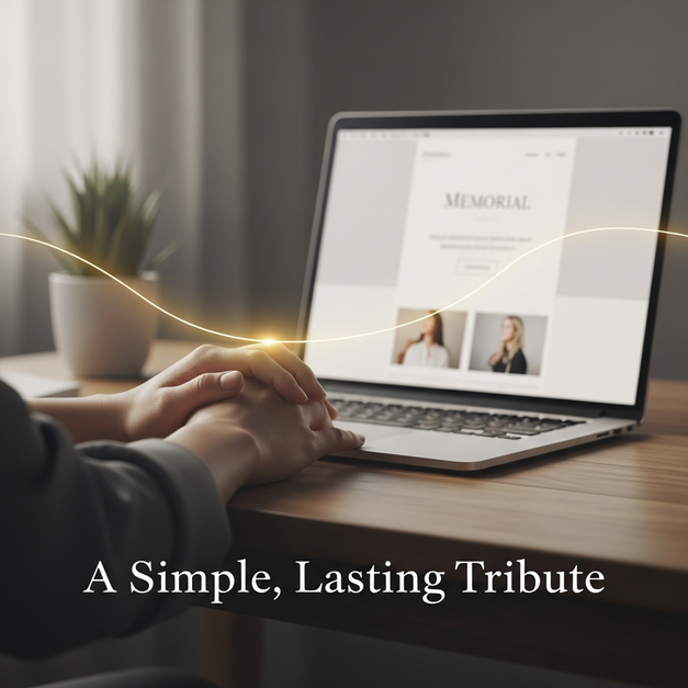 Calm hands rest by a laptop showing a simple memorial website, representing a lasting tribute without tech anxiety.