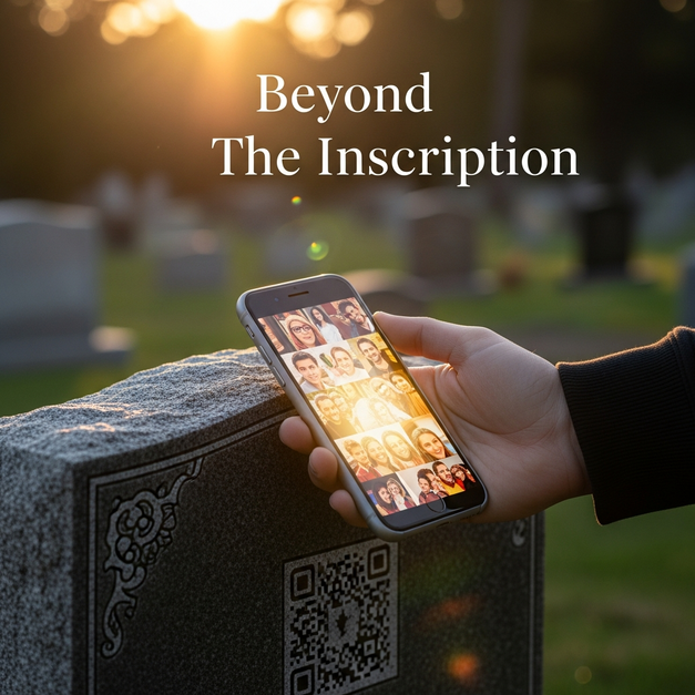 Hand holding a smartphone displaying a digital tribute of photos, illuminating a headstone with a QR code.
