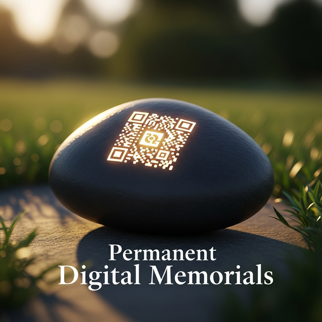 Memorial stone in a serene garden with a glowing QR code, symbolizing a permanent digital memorial.