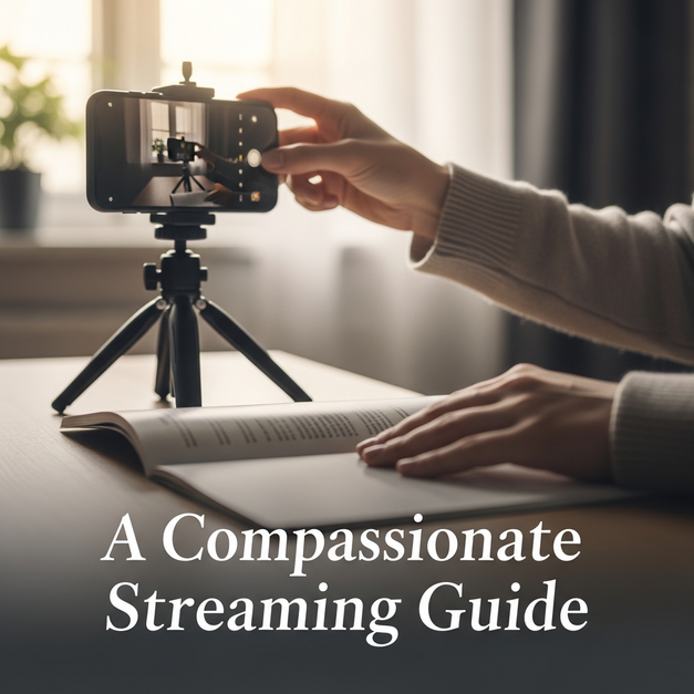 Hands carefully set up a smartphone to live stream a funeral, referencing a compassionate guide book.