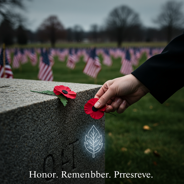 Solemn hand placing a red poppy at a monument with American flags, embodying 'Honor. Remember. Preserve.' for Memorial Day.