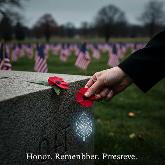 Solemn hand placing a red poppy at a monument with American flags, embodying 'Honor. Remember. Preserve.' for Memorial Day.