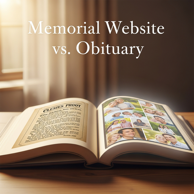 An open book contrasts a classic newspaper obituary with a modern, digital memorial website.