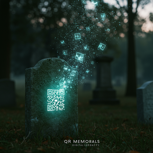 Gravestone with a glowing QR memorial plaque and "QR Memorials: Digital Legacy" text, symbolizing digital remembrance.