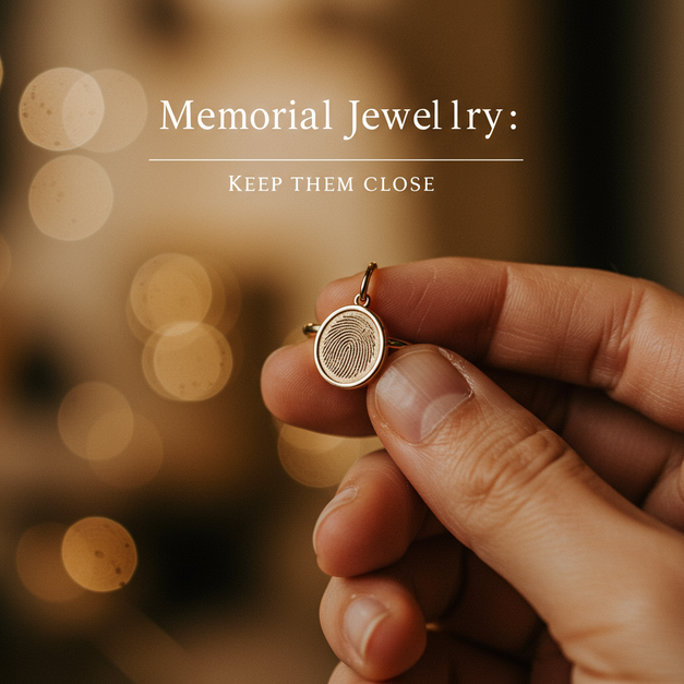 Hand gently holds a delicate memorial jewelry piece, featuring the text 'Memorial Jewelry: Keep Them Close' to remember loved ones.
