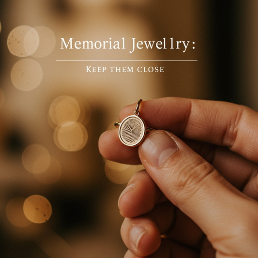 Hand gently holds a delicate memorial jewelry piece, featuring the text 'Memorial Jewelry: Keep Them Close' to remember loved ones.
