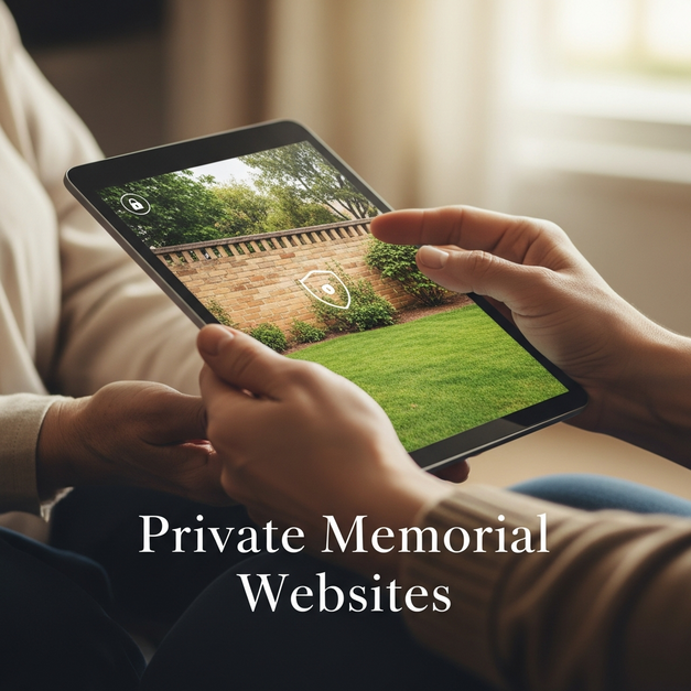 Older and younger hands hold a tablet showing a secure private memorial website with a lock icon.