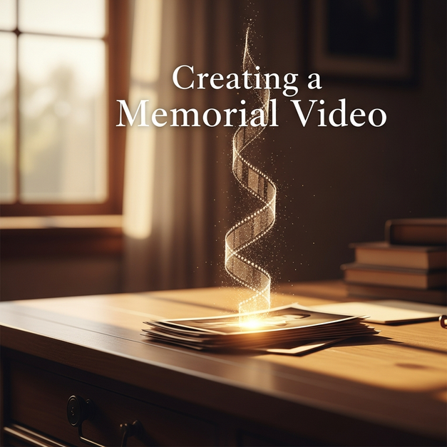 Old photos on a desk turning into a glowing film strip, illustrating how to create a memorial video.