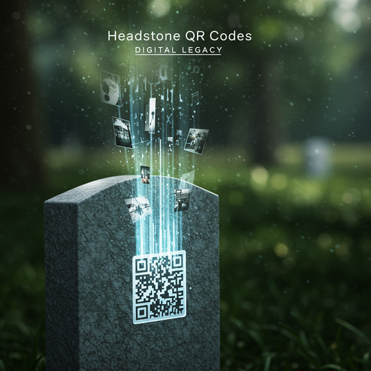 Modern headstone with glowing QR code, digital memory streams, and text 'Headstone QR Codes: Digital Legacy.'
