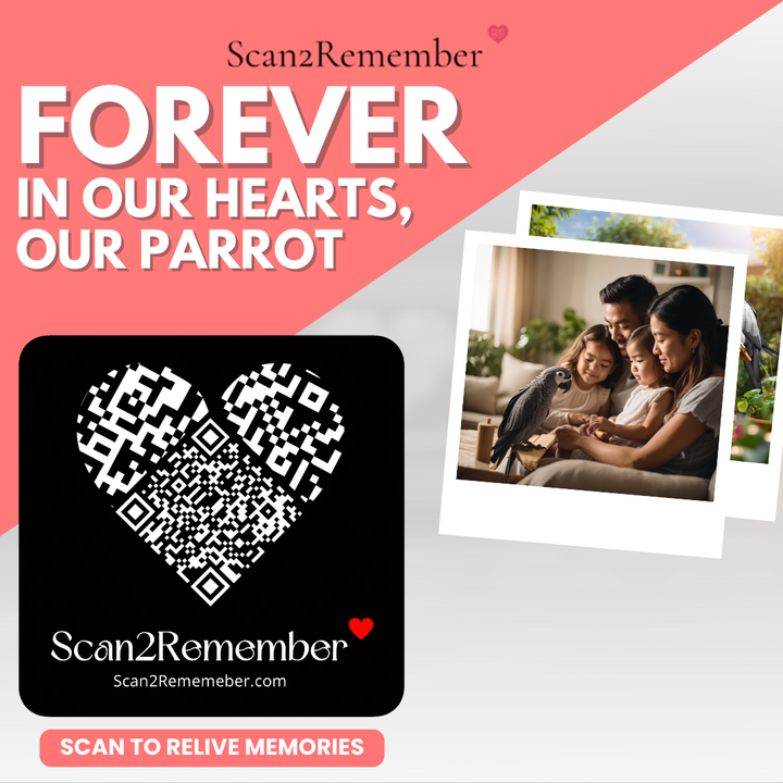 A QR parrot memorial plaque with a heart-shaped code beside a photo of a family with their parrot.