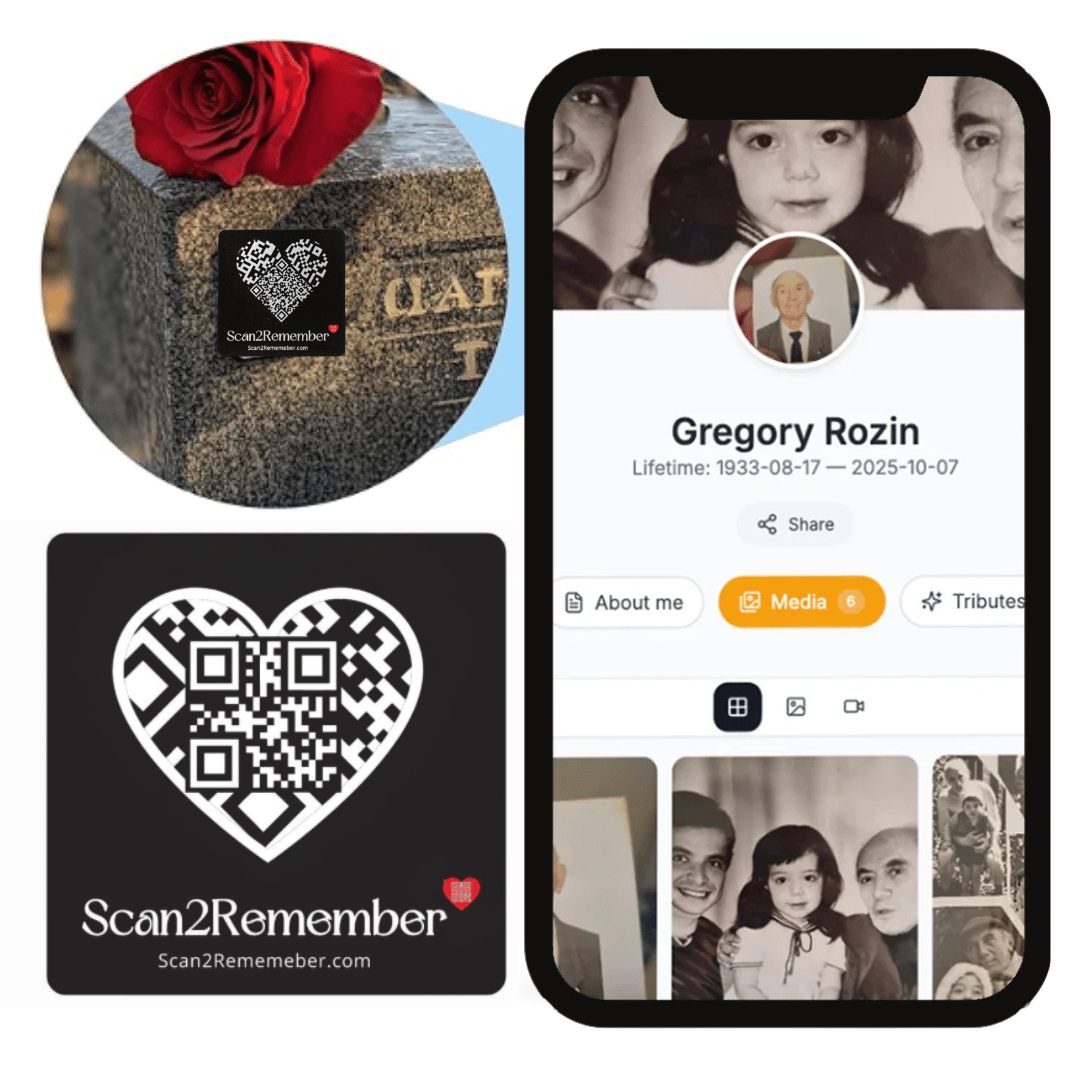 Phone app interface with profile of Gregory Rozin, Scan2Remember QR code, and red rose on gravestone.