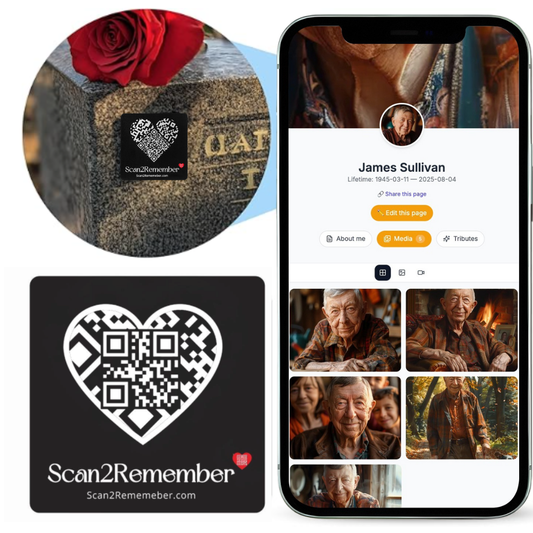 Collage of a gravestone with a red rose, a 'Scan2Remember' QR code, and a smartphone displaying a memorial page.